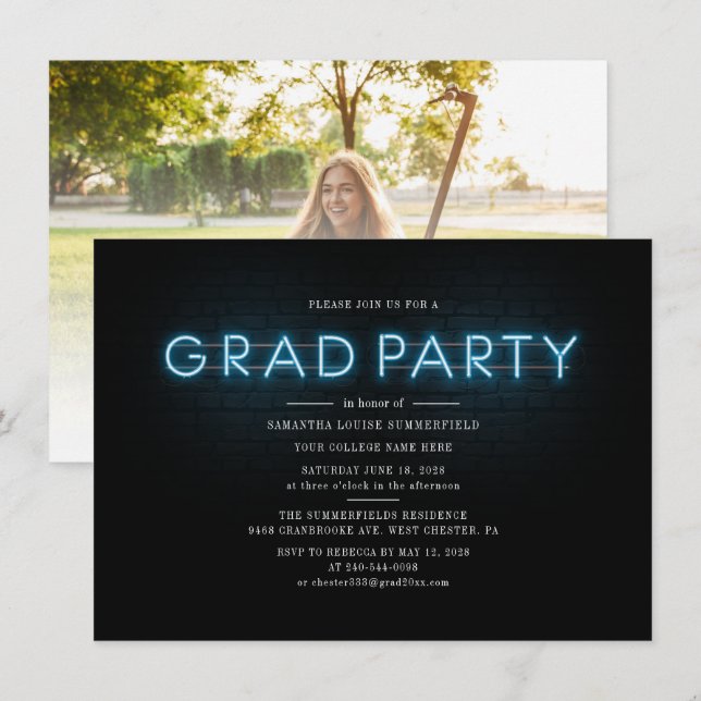 Invitation Graduation 2025 Blue Neon Graduate Photo Party (Devant / Derrière)