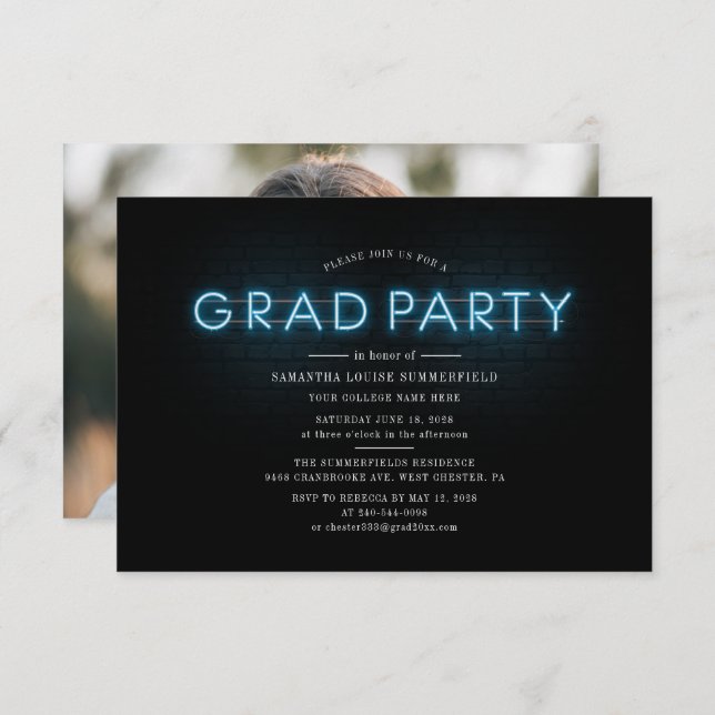 Invitation Graduation 2025 Blue Neon Photo Grad Party (Devant / Derrière)