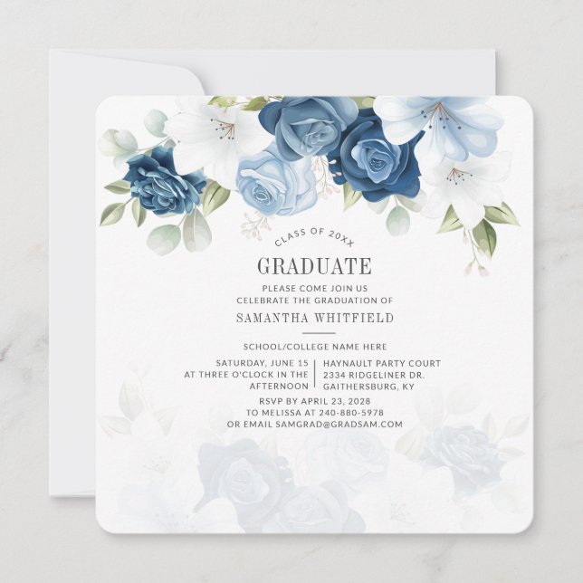 Invitation Graduation 2025 Dusty Blue Floral (Devant)