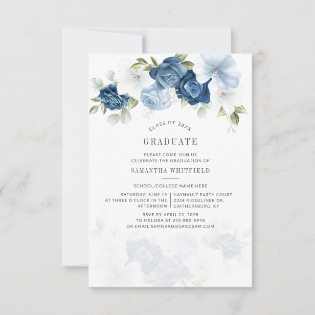 Invitation Graduation 2025 Dusty Blue Floral Grad Party (Devant)