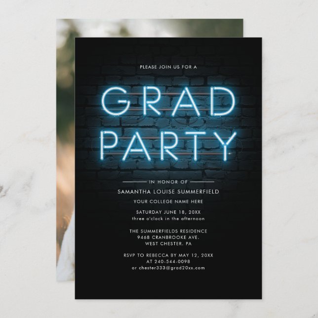 Invitation Graduation 2025 Grad Photo Blue Neon Party (Devant / Derrière)