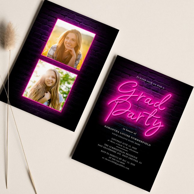Invitation Graduation 2025 Pink Neon Script 2 Photos Party (Graduation 2 Photos 2024 Pink Neon Script Party Invitation)