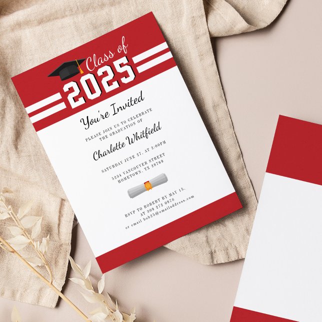 Invitation Graduation 2025 Red White Gard Party (Graduation 2025 Typography Party Red White Invitation)