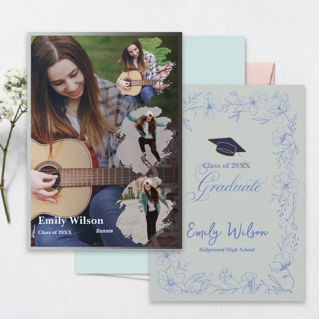 Invitation Graduation Announcement | Blue Floral Photo Design (Class of 2026 Photo Graduation Announcement | Blue Floral Design | Print or Digital )
