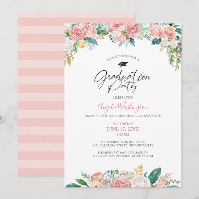 Invitation Graduation Aquarelle moderne Blush Floral Script (Devant / Derrière)