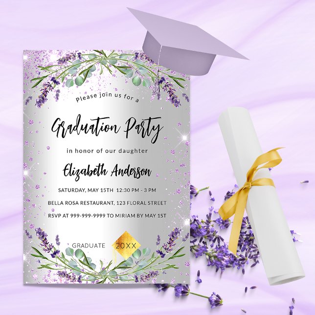 Invitation Graduation argent lavande eucalyptus floral (Créateur téléchargé)