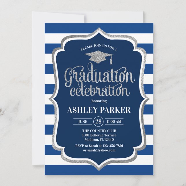 Invitation Graduation - Argent Marine Bleu Bleu Blancs (Devant)