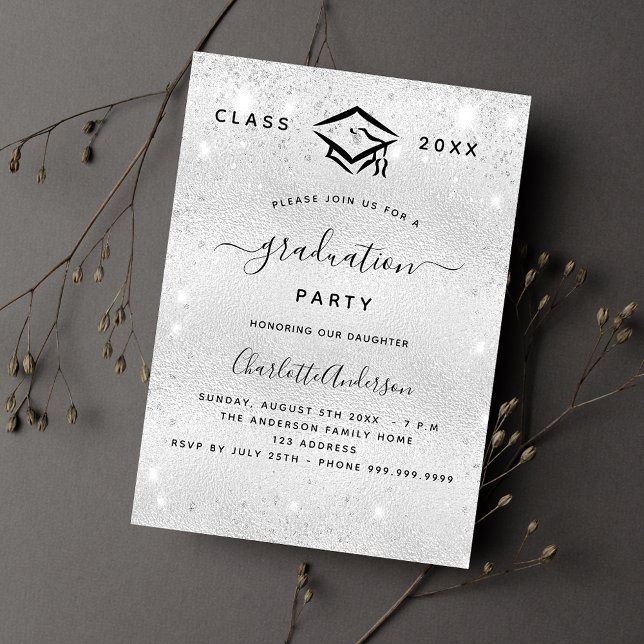 Invitation Graduation argent parties scintillant luxe moderne (Créateur téléchargé)