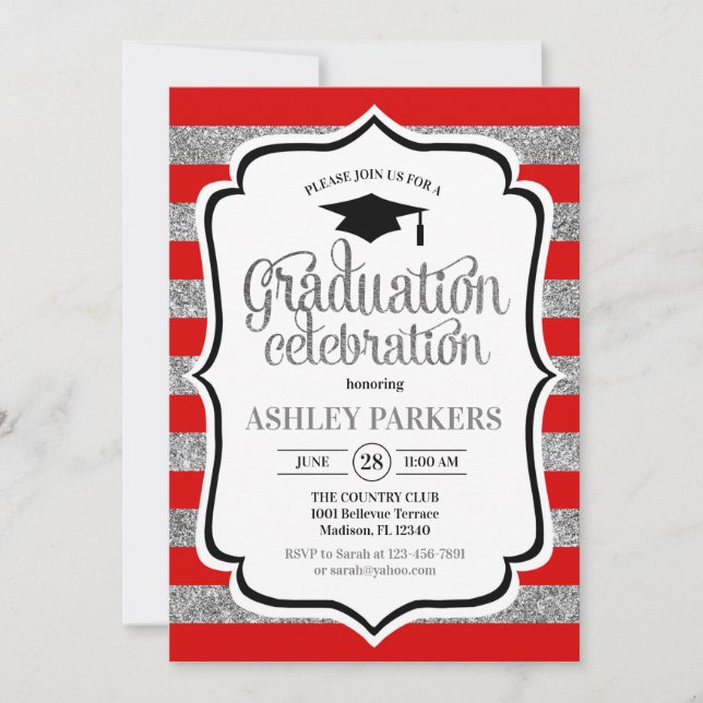 Invitation Graduation - Argent Red Stripes (Devant)