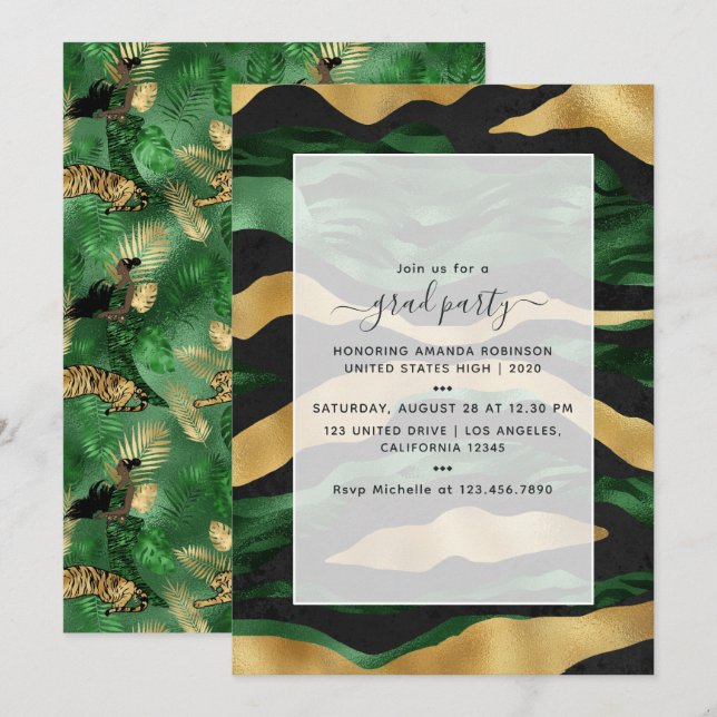 Invitation Graduation Art Déco Tropical Green et Gold Tiger (Devant / Derrière)