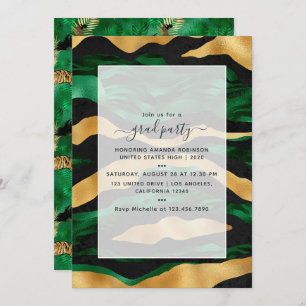 Invitation Graduation Art Déco Tropical Green et Gold Tiger