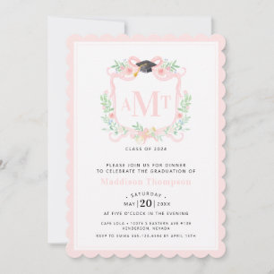 Invitation Graduation au ruban 3 Lettre Pink Monogramme Cre
