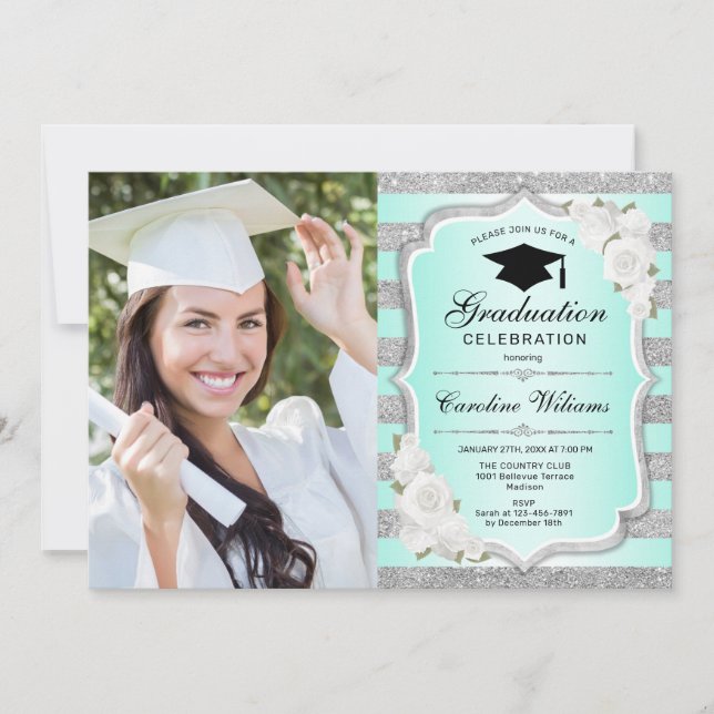 Invitation Graduation avec photo - Argent Vert (Devant)