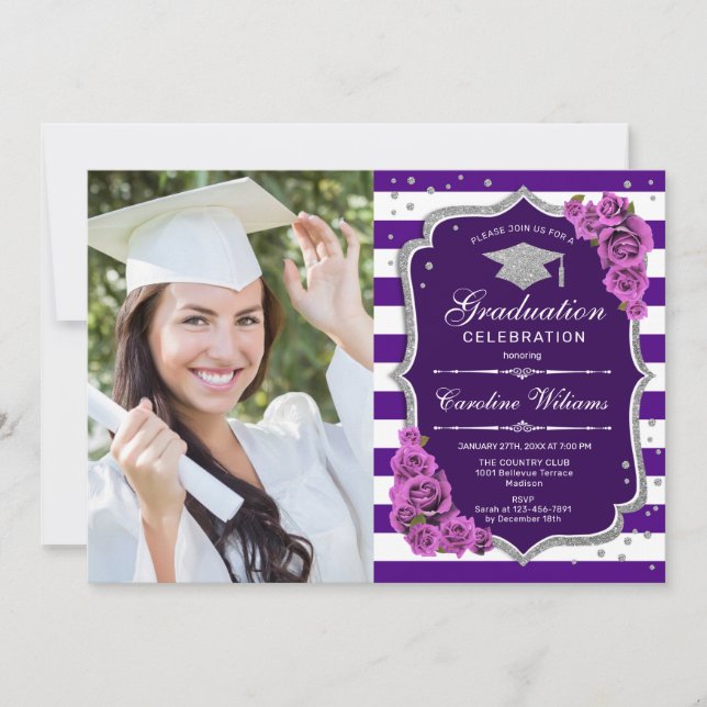 Invitation Graduation Avec Photo - Argent Violet (Devant)