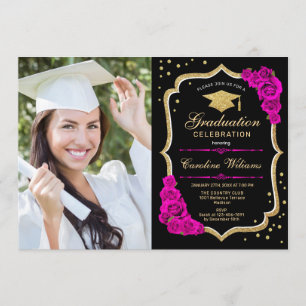 Invitation Graduation avec photo - Black Gold Hot Pink