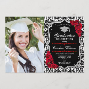 Invitation Graduation avec photo - Black Red Silver