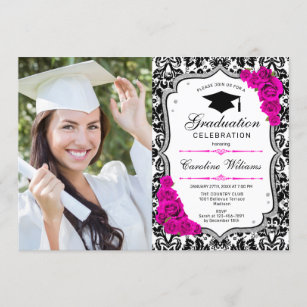 Invitation Graduation avec photo - Blanc rose argenté