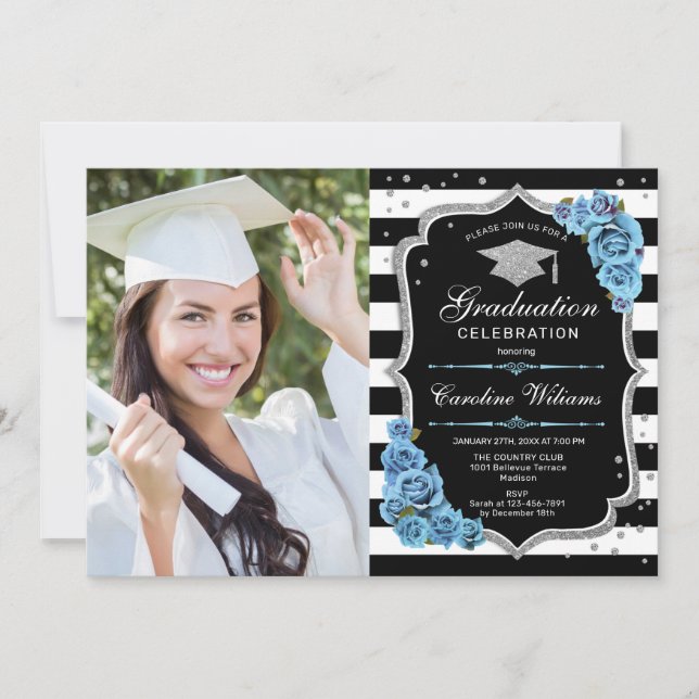Invitation Graduation avec photo - Fleurs Bleues Argent (Devant)