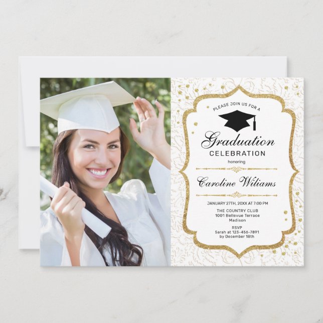 Invitation Graduation avec photo - Gold Blanc (Devant)