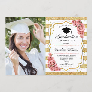 Invitation Graduation avec photo - Gold Blush Rose