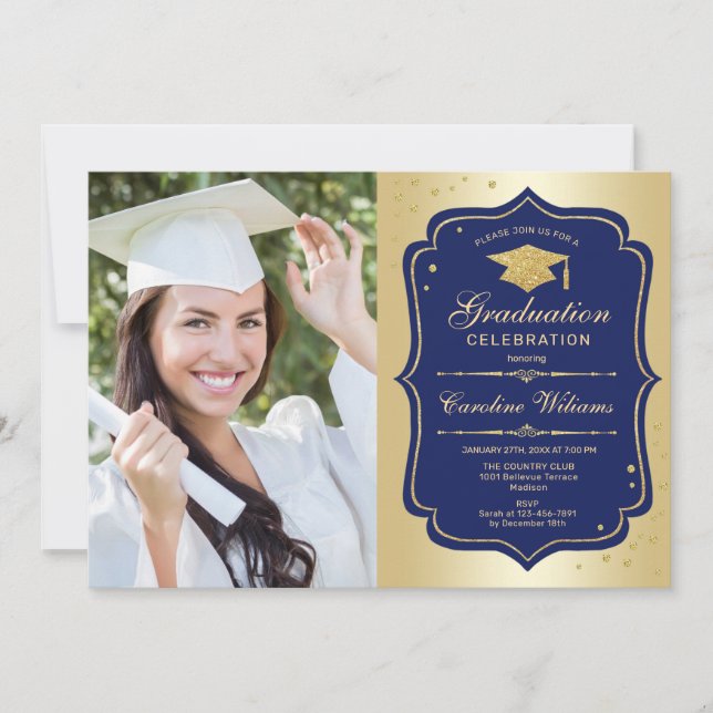 Invitation Graduation avec photo - Gold Navy (Devant)