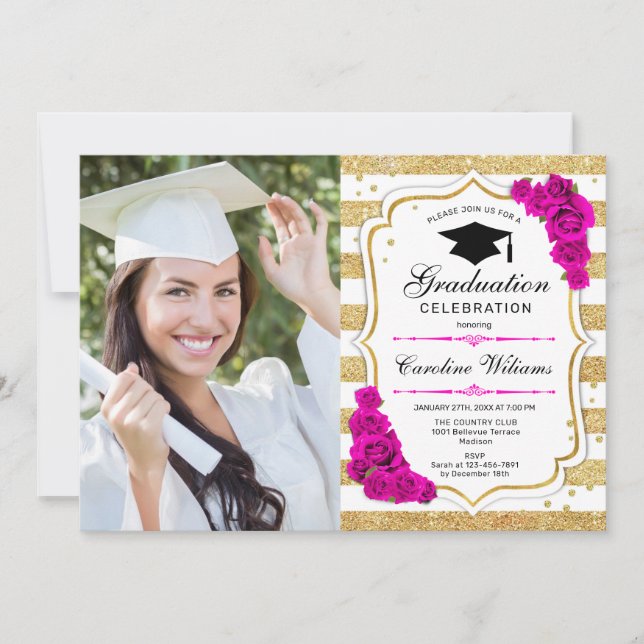 Invitation Graduation avec photo - Gold White Rose (Devant)