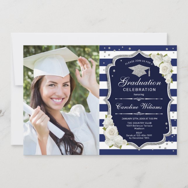 Invitation Graduation avec photo - Marine Silver White (Devant)