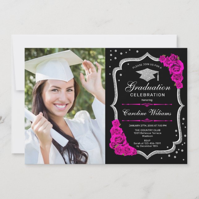 Invitation Graduation avec photo - Noir Argent Rose (Devant)