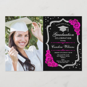 Invitation Graduation avec photo - Rose d'argent noir