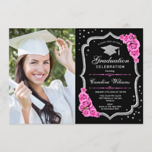 Invitation Graduation avec photo - Rose d'argent noir