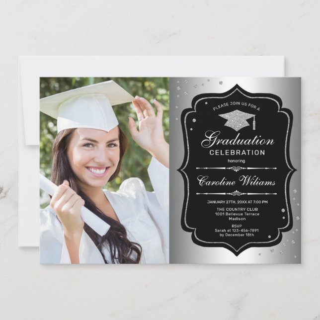 Invitation Graduation avec photo - Silver Black (Devant)