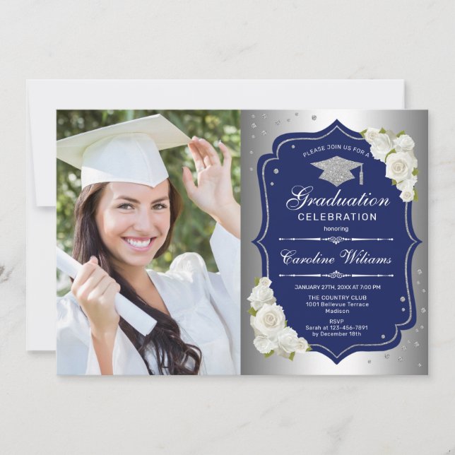 Invitation Graduation avec photo - Silver Navy (Devant)