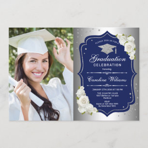 Invitation Graduation avec photo - Silver Navy
