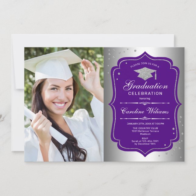 Invitation Graduation avec photo - Silver Purple (Devant)