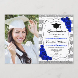 Invitation Graduation avec photo - Silver Royal Blue