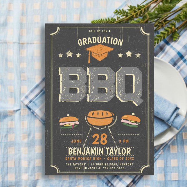 Invitation Graduation BBQ Party Rustique Cowboy Pays Noir (male high school graduation party ideas bbq party invitations college grad template rustic country)