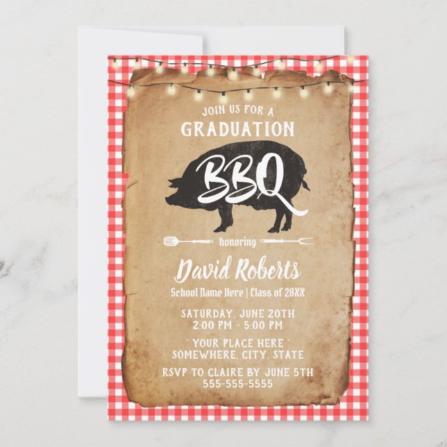 Invitation Graduation BBQ Party Vintage Red Plaid Chalkboard (Devant)