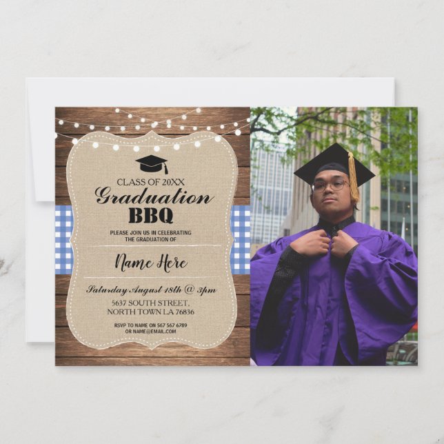 Invitation Graduation BBQ Photo Burlap Blue Rustic Wood (Devant)