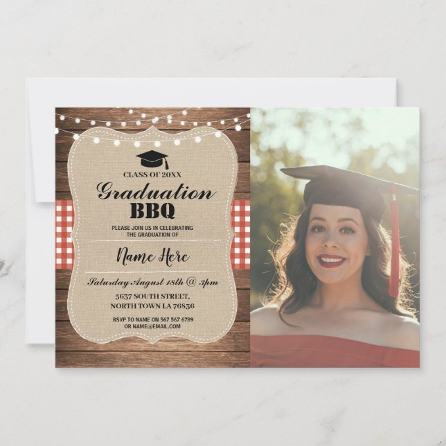 Invitation Graduation BBQ Photo Burlap Red Rustic Wood (Devant)