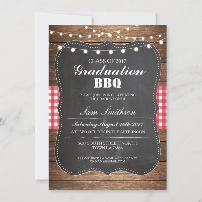 Invitation Graduation BBQ Rustic Chalk Wood Lumières Invitati (Devant)
