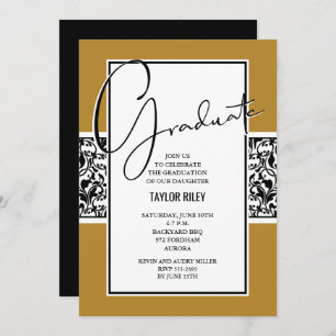 Invitation Graduation Black and Gold Damask