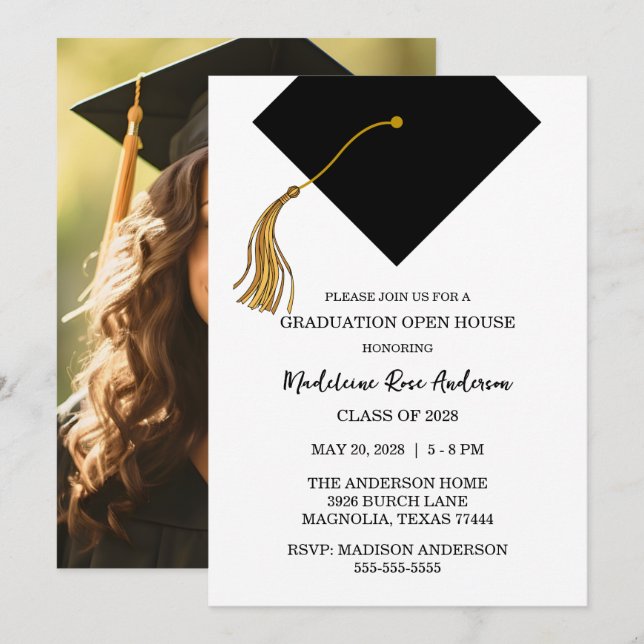 Invitation Graduation Black Cap And Tassel Photo Open House  (Devant / Derrière)