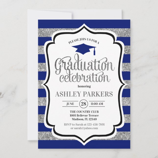 Invitation Graduation - Bleu bleu marine en argent (Devant)
