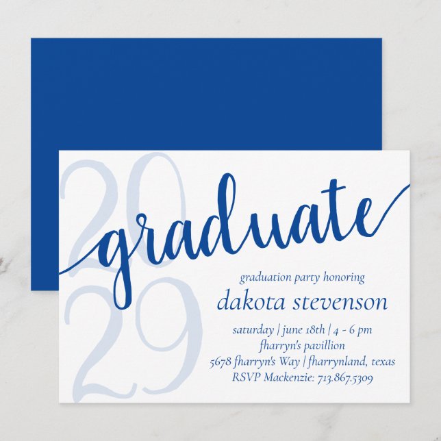 Invitation Graduation bleu simple | Cerulean royal avec année (Devant / Derrière)