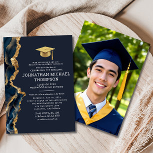 Invitation Graduation Blue Gold Agate Graduation Photo