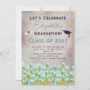 Invitation Graduation Blue Watercolor Flowers Célébration