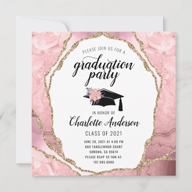 Invitation Graduation Blush Rose Agate Gold Parties scintilla (Devant)