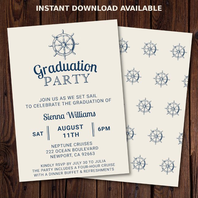 Invitation Graduation Boat Party Bateau roue nautique (Nautical graduation party invitation. Perfect for a boat party or cruise. )