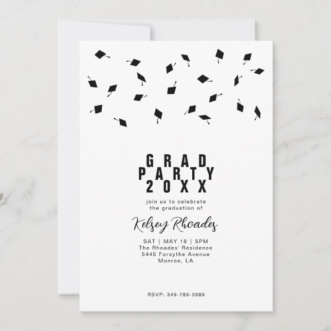 Invitation Graduation Cap Toss Black & White Grad Party (Devant)