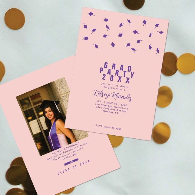 Invitation Graduation Cap Toss Blush Pink & Purple Grad Party (Créateur téléchargé)